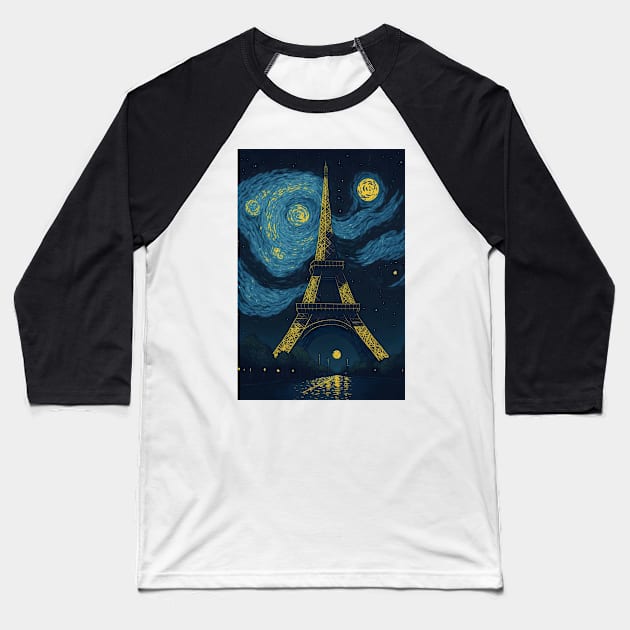 starry night paris with eiffeltower Baseball T-Shirt by Anik Arts